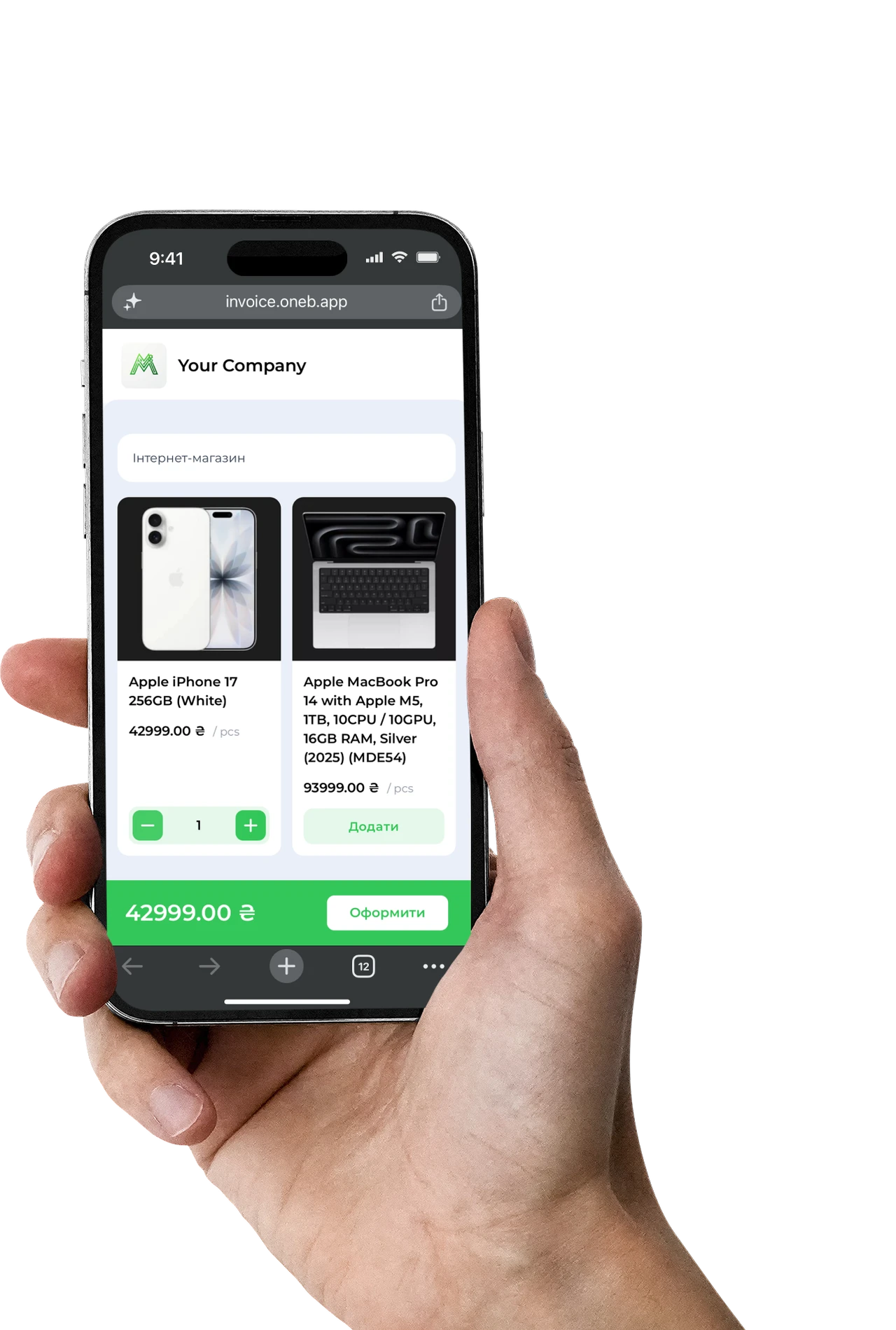 OneB Storefront on a smartphone: a product catalog and a “Checkout” button